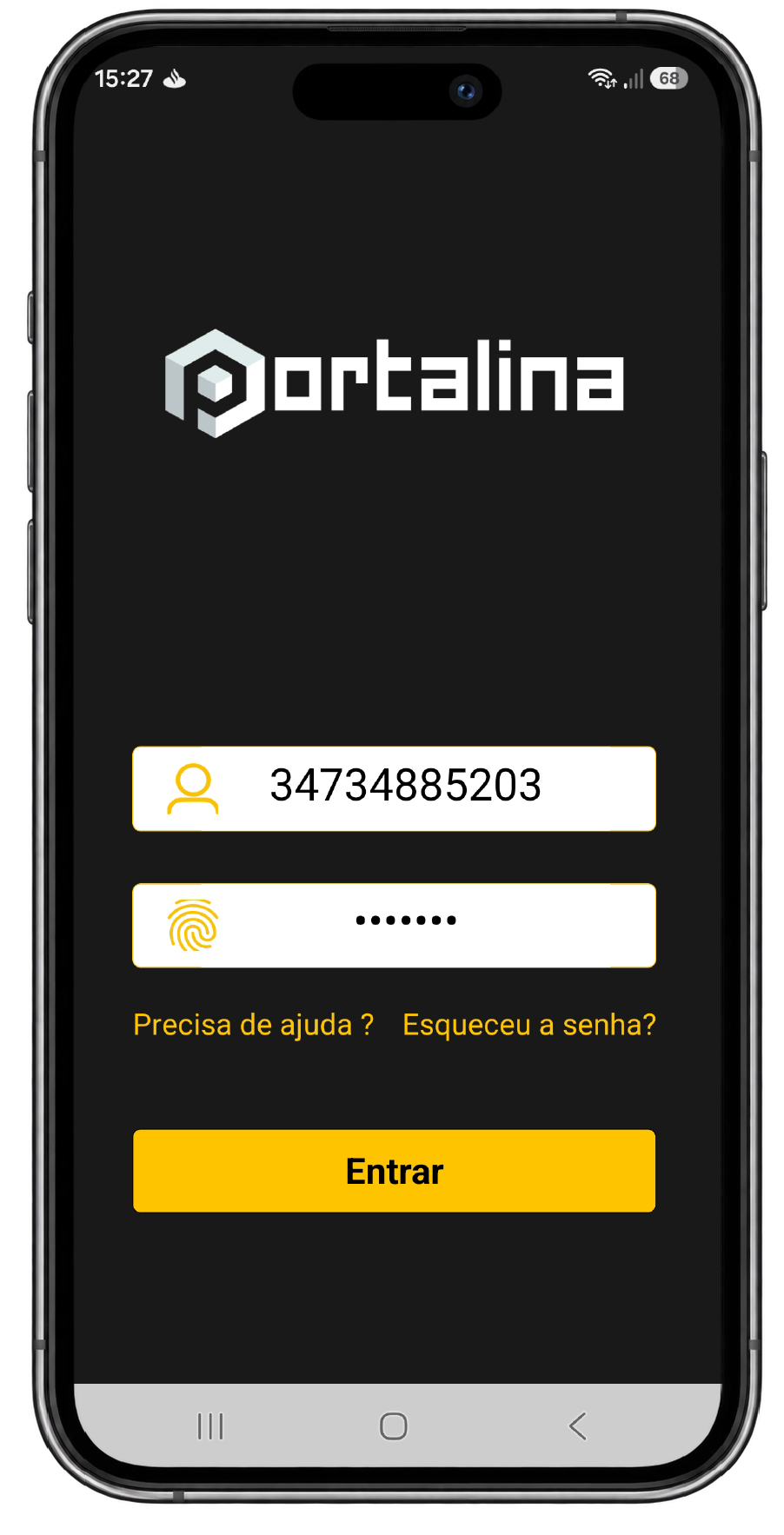 Tela de login do app Portalina