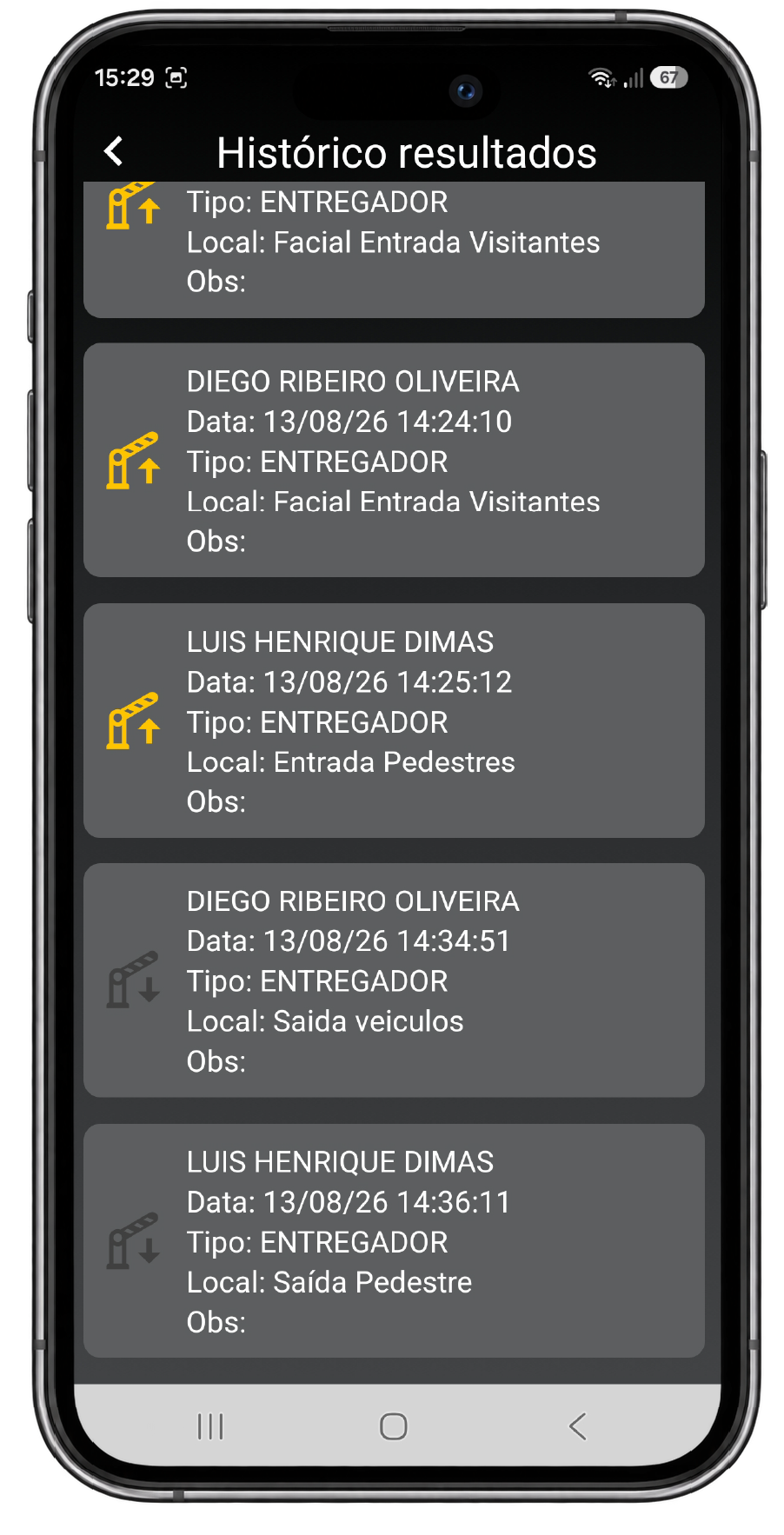 Tela de historico de visitas do app Portalina